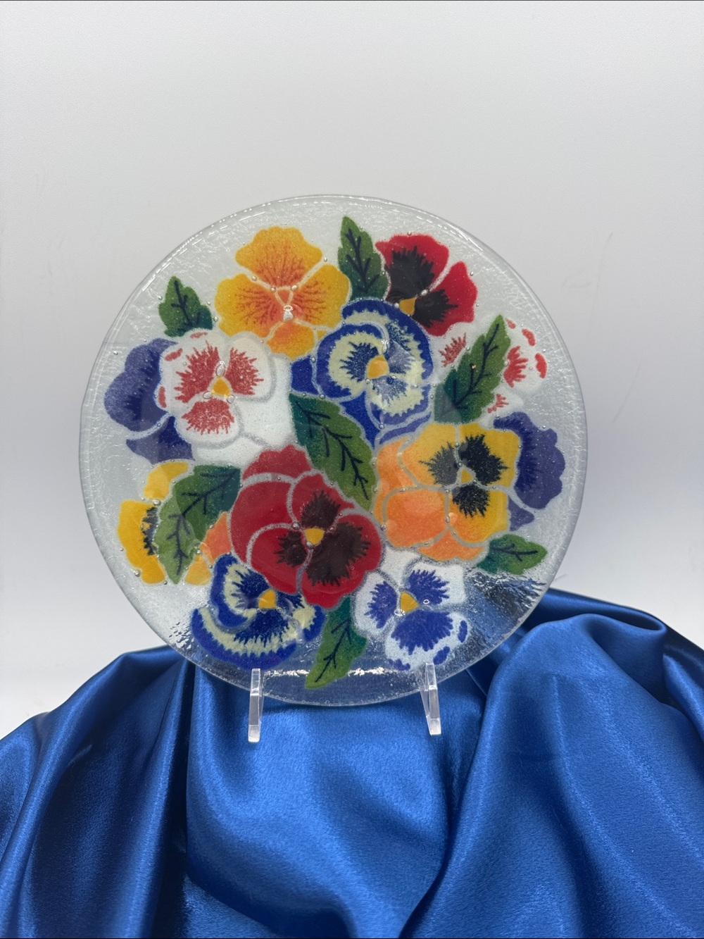 Peggy Karr fused art glass salad plate from the Pansies collection.  7 3/4”